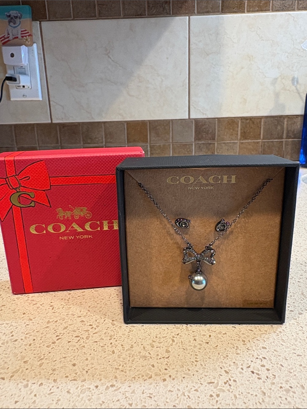 Coach NWT Gunmetal Bow Necklace and C matching Earrings Set MSRP $118